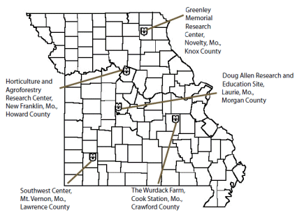 Map of Missouri showing the four agroforestry research farms and the Doug Allen research farm