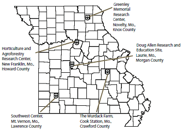 Map of Missouri showing the four agroforestry research farms and the Doug Allen research farm