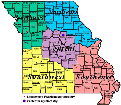 Map of Missouri showing regions of Agroforestry interest